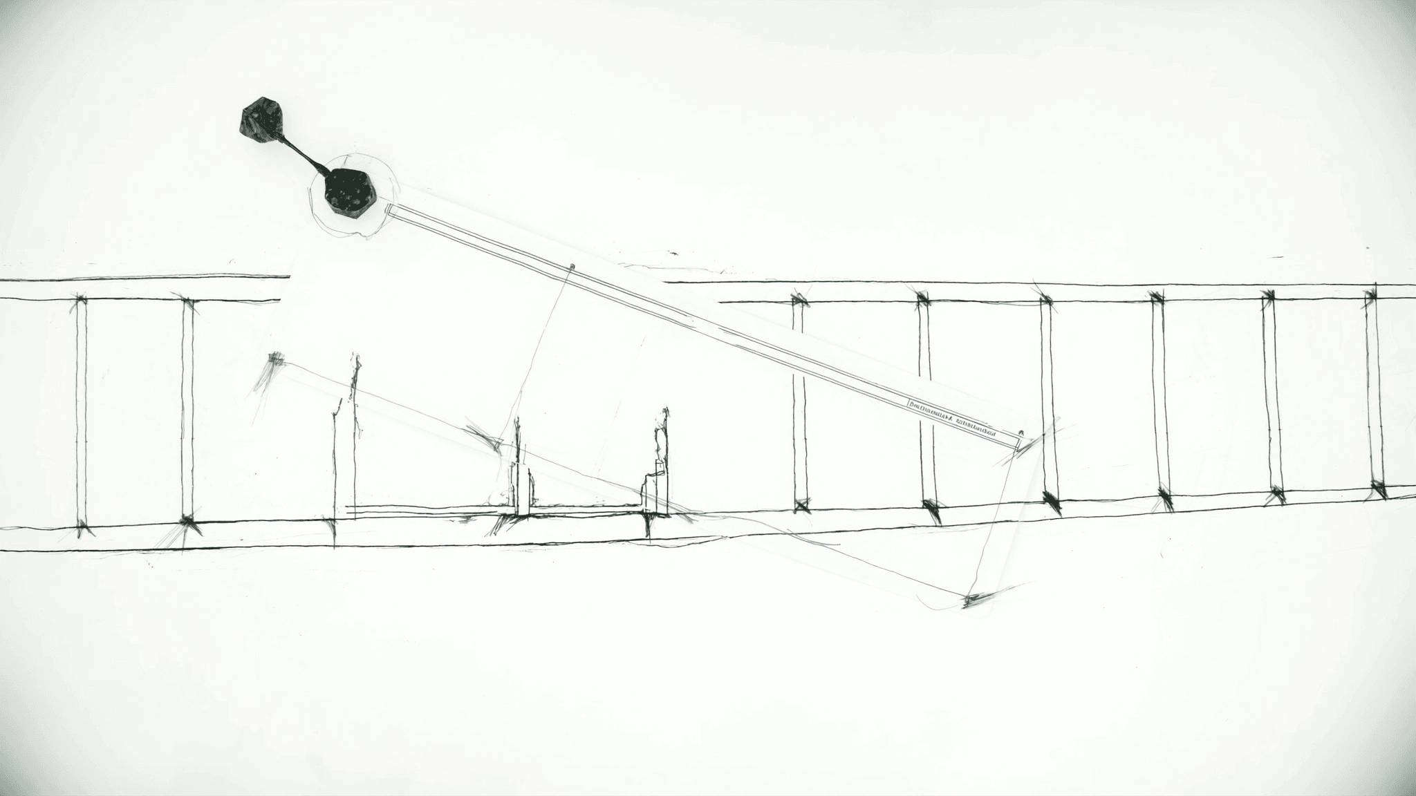 Architectural blueprint sheet on a bleached linen drafting table, emerald-ink annotation marks at its corners, north-window light raking across