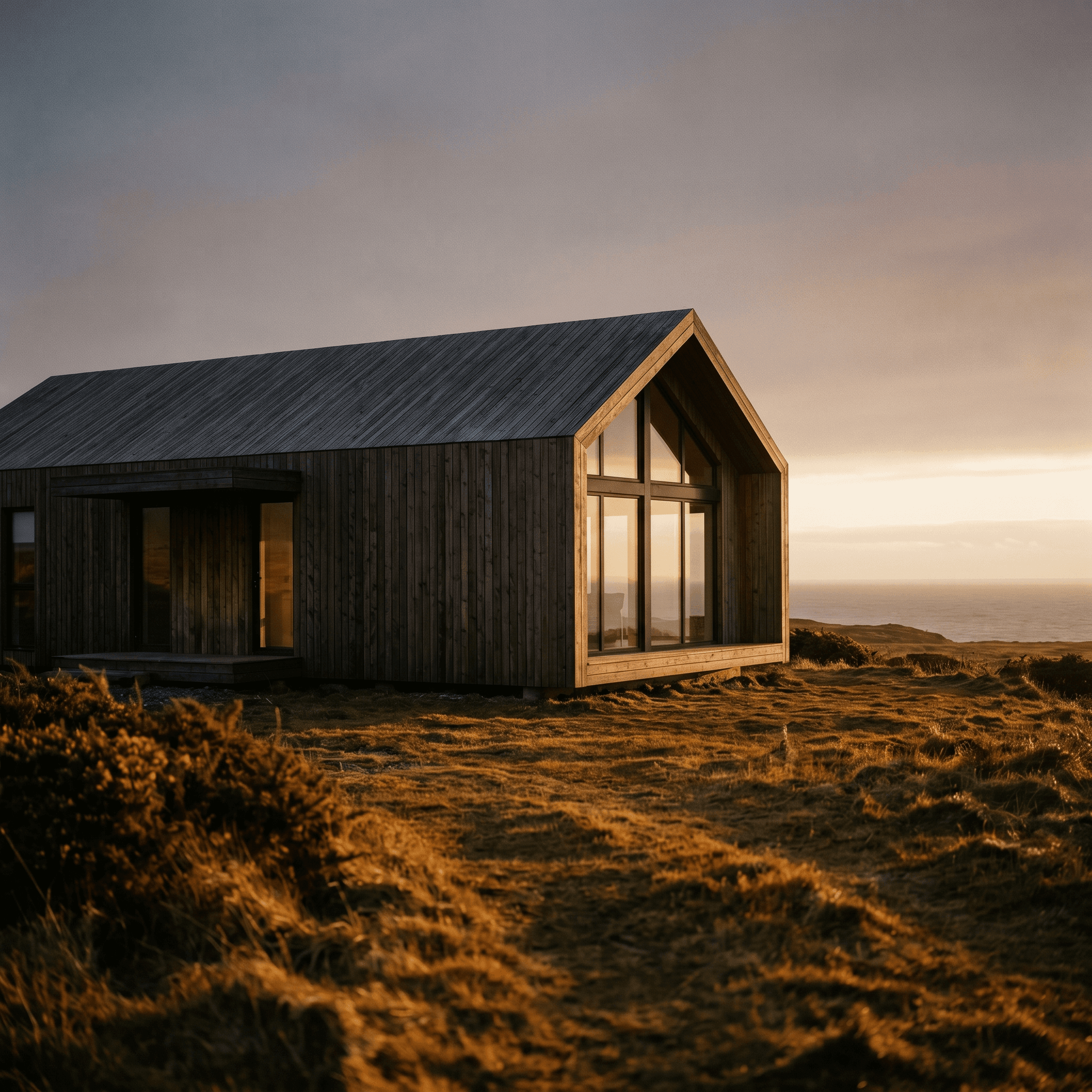 Modular home rendered at golden hour — placeholder while the 3D viewer loads.